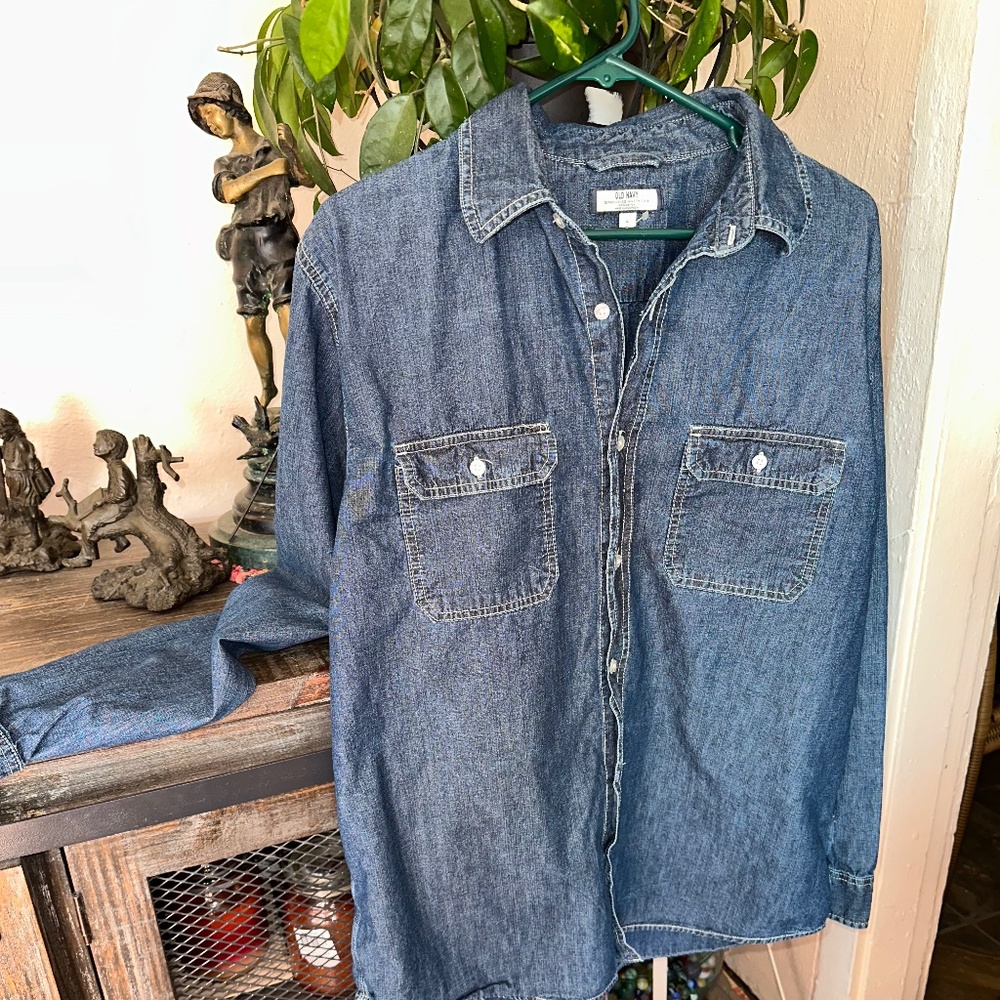 Old Navy Chambray Denim Shirt Lg Dk Blue Btn Front